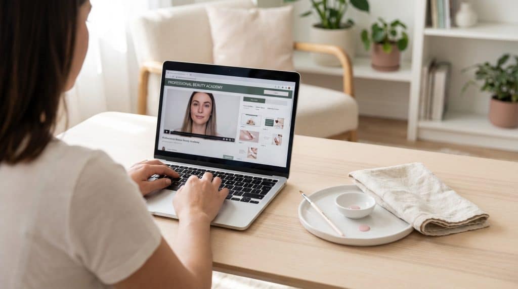 femme sur son ordinateur en train de chercher une formation esthétique à distance