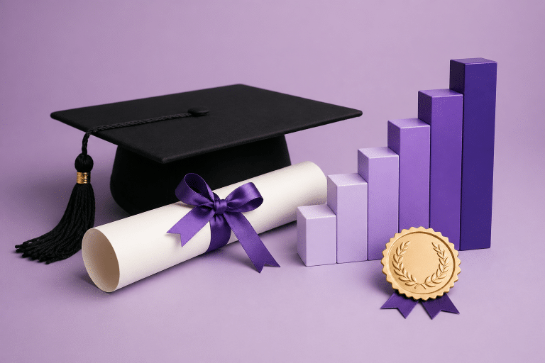Diplôme RNCP avec certificat, chapeau de diplômé et niveaux de qualification pour illustrer la reconnaissance des certifications professionnelles en France.