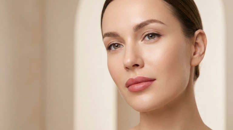 Portrait femme avec maquillage permanent naturel et teint lumineux