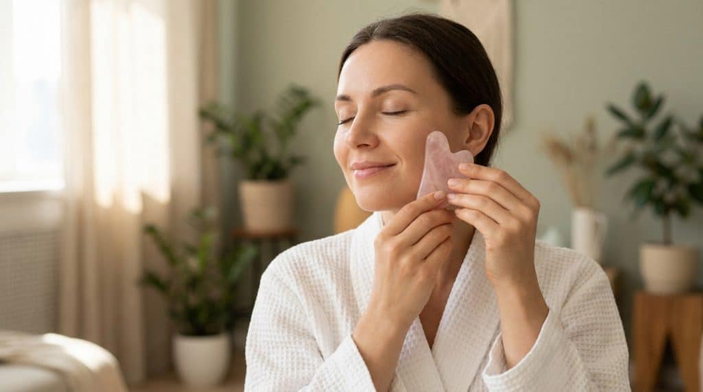 Femme réalisant un massage du visage avec un gua sha en quartz rose
